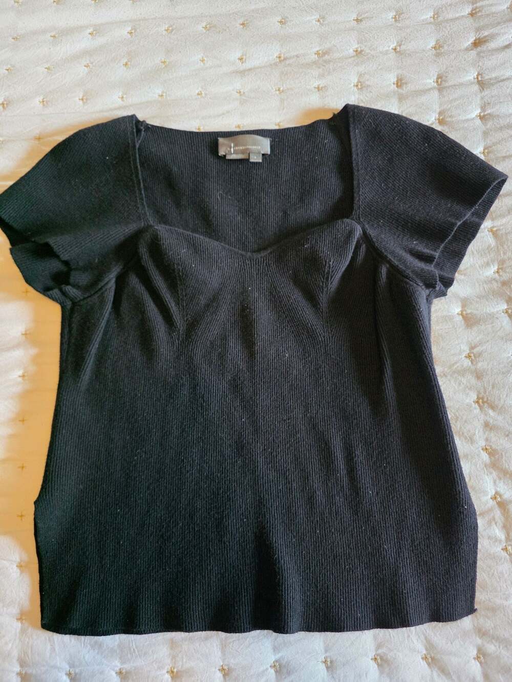 by Anthropologie Black Ribbed Knit Sweetheart Neckline Short Sleeve‎ Top